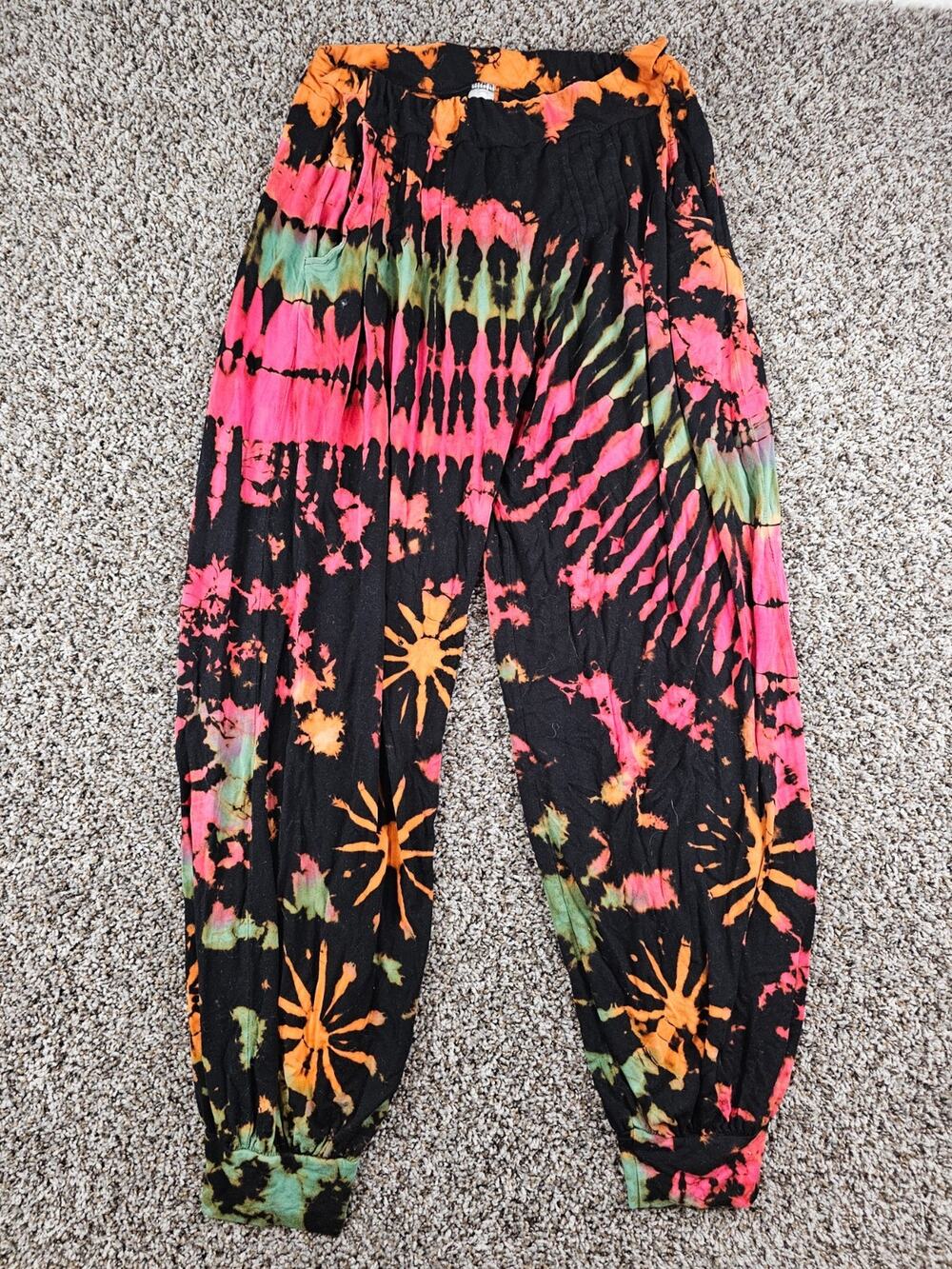 Tie Dye Jersey Harem Pants Hippy Boho Yoga Festival Original OS Black